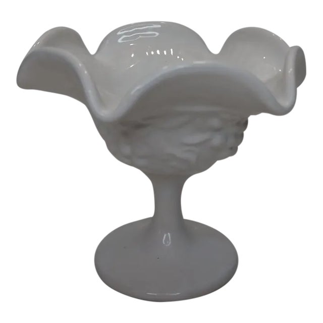 1950s Indiana Milk Glass Ruffled Grape and Leaves Small Compote Sundae Dish For Sale
