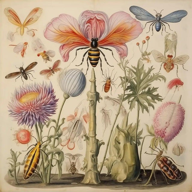 Paper Gallery Wall Installation 'Insects and Flowers' Botanical Floral Prints | Unframed For Sale - Image 7 of 9