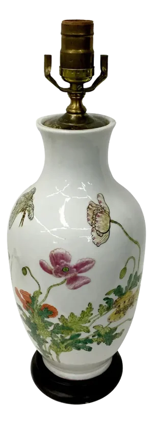 Vintage Chinese Flowers and Butterflies Vase Lamp