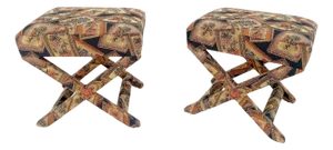 Pair of Tapestry Upholstery X Bases Benches Billy Baldwin atr. c1970s