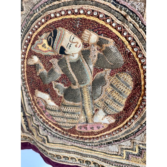 Late 20th Century Vintage Burmese Kalaga Embroidered Tapestry With Five Figural Medallions, 40" X 37" For Sale - Image 5 of 18