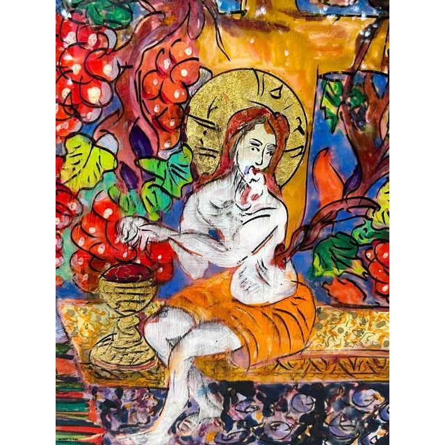 Gold Mid 20th Century Saint Among the Vines – Hand-Painted Reverse Glass Icon With 24 Carat Gold Highlights - Unsigned Unknown Artist For Sale - Image 8 of 8