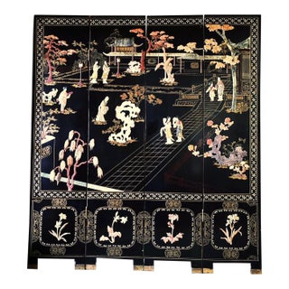 Mid 20th Century Chinese Export Four Panel Carved Soapstone Coromandel Screen For Sale