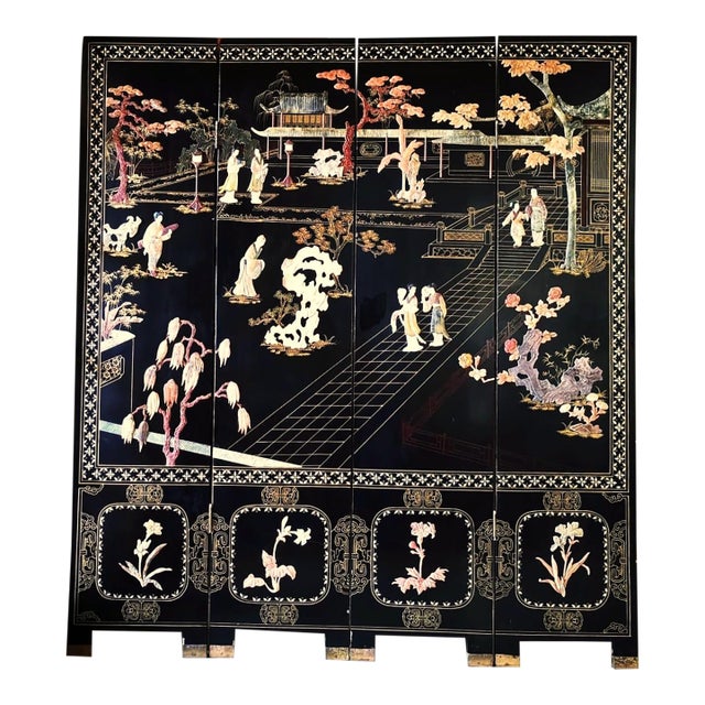 Mid 20th Century Chinese Export Four Panel Carved Soapstone Coromandel Screen For Sale