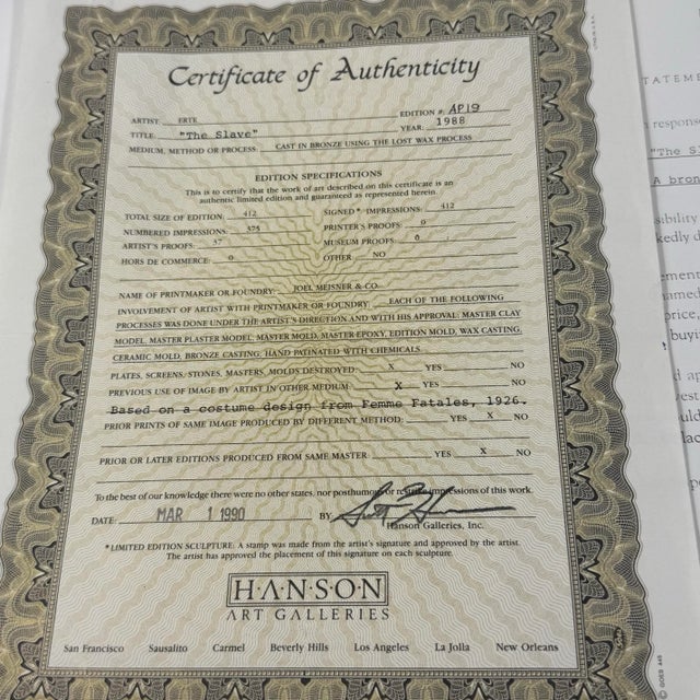 Erté Erte (1892-1990)the Slave 1988 Artist Proof 19/37 Art Deco Egyptian Revival W/Coa For Sale - Image 4 of 11