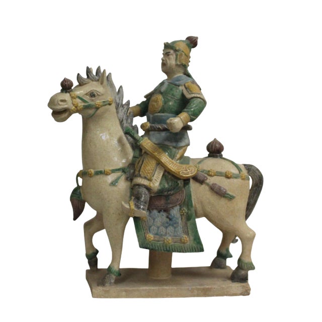 Chinese Handmade Ceramic Warrior on Horse Figure For Sale