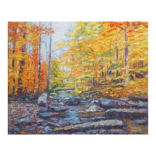 Original Oil Painting, a Small Stream in the Autumn Scenery For Sale