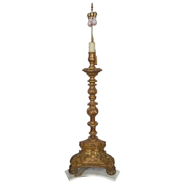 Large Spanish Baroque Giltwood and Marble Torchiere Two-Light Floor Lamp For Sale - Image 11 of 17