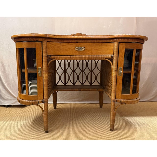 Art Nouveau Ladies Writing Desk in Oak and Rattan with Vitrine Cabinets, 1910 For Sale - Image 10 of 10