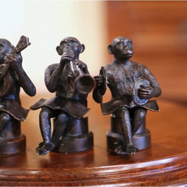 Vintage Set of Three Miniature Bronze Musician Monkeys Playing Instruments For Sale - Image 4 of 9