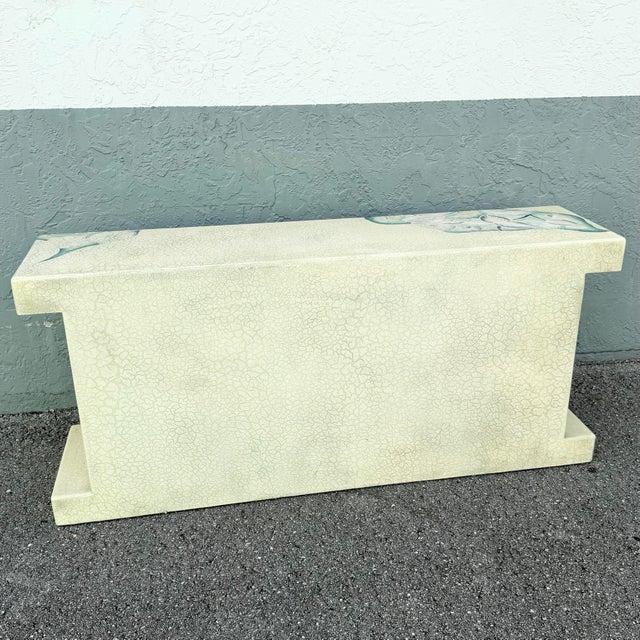 Abstract Vintage Hand Painted Crackle Finished Cream Teal and Pink Credenza For Sale - Image 3 of 12