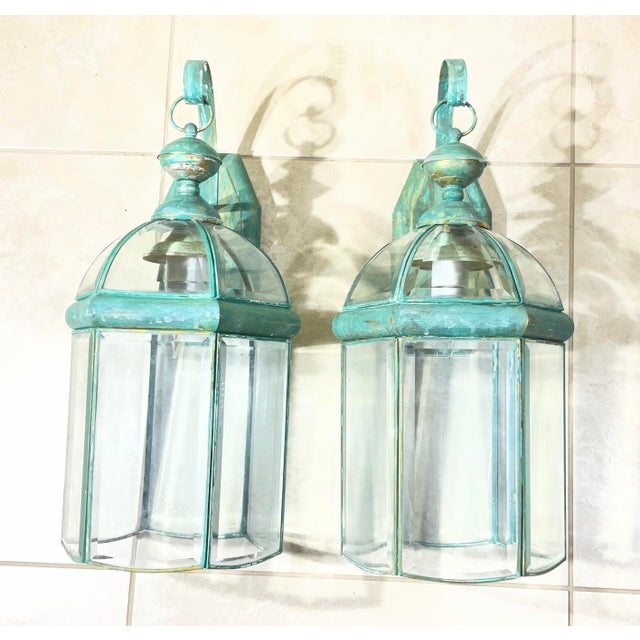 Turquoise Elegant Pair of Vintage Brass Wall Lanterns - 22”x 9”.5 X 10” For Sale - Image 8 of 16