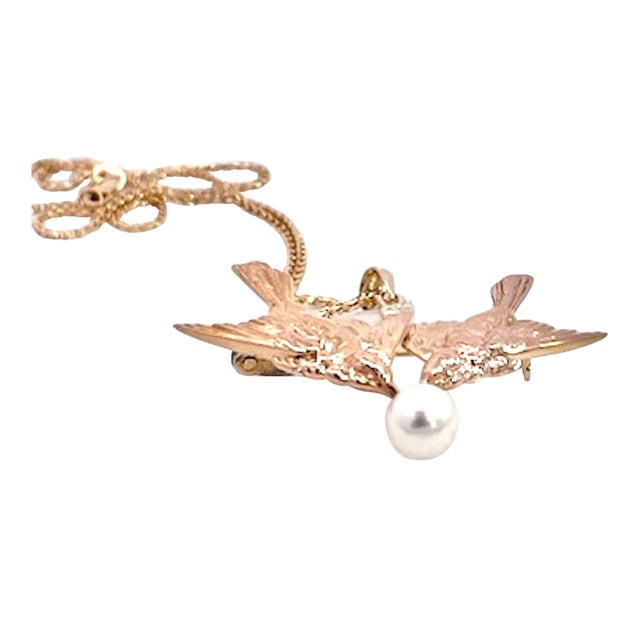 1950s Double Bird Brooch Pendant W/Pearl 14k For Sale