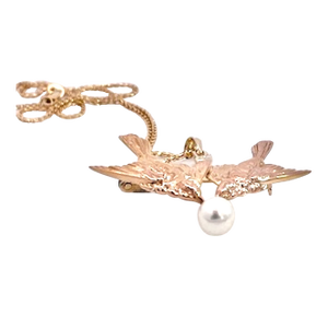 1950s Double Bird Brooch Pendant W/Pearl 14k