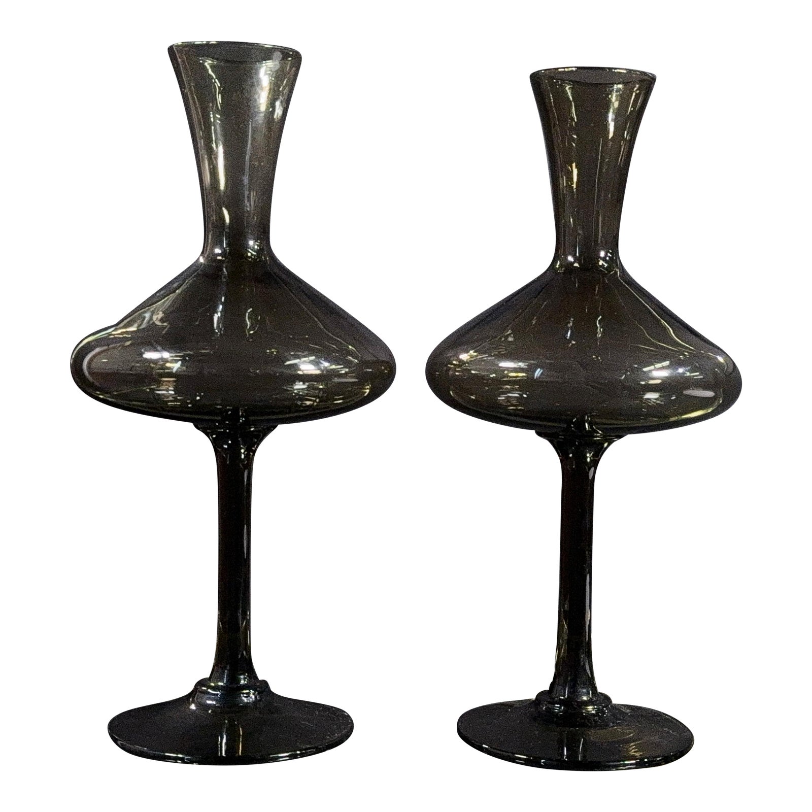 Vintage Balboa Venetian Smoked Glass Footed Decanters / Vases Handmade in Italy - A Pair