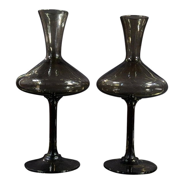 Vintage Balboa Venetian Smoked Glass Footed Decanters / Vases Handmade in Italy - A Pair For Sale