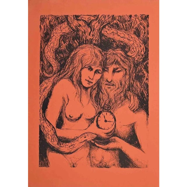 Adam and Eve is an original lithograph realized by Carlo Levi in mid-20th Century. Good condition on a red cardboard. Hand...