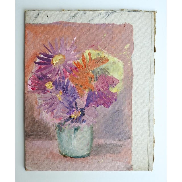 Small mid 20th century impressionist oil on canvas board still life painting of pink and purple flowers. Unsigned....