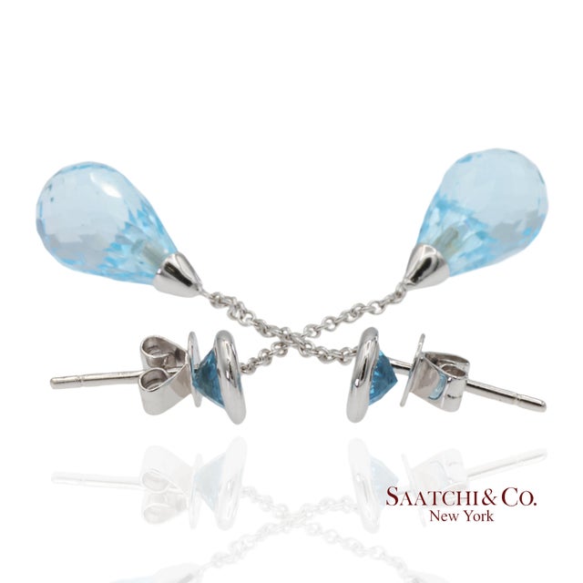 18k 750 Solid White Gold Blue Topaz Drop Earrings, Pair For Sale In New York - Image 6 of 12