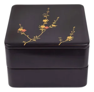Early 20th Century 2-Tier Black Lacquerware With Handpainted Gold Maki-E Cherry Blossom Sakura Design Jubako Bento Lunch Box
