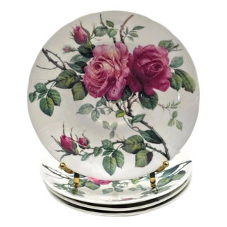 1990s Roy Kirkham English Rose Jumbo Teacup Saucers Bone China England 6.625" - Set of 4 For Sale