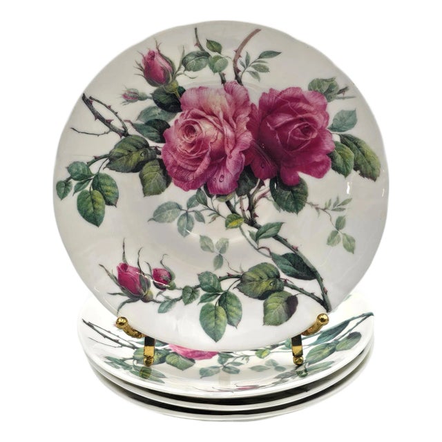 1990s Roy Kirkham English Rose Jumbo Teacup Saucers Bone China England 6.625" - Set of 4 For Sale