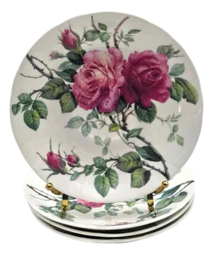 1990s Roy Kirkham English Rose Jumbo Teacup Saucers Bone China England 6.625" - Set of 4