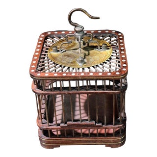 Vintage Chinese Bamboo Cricket Cage With Brass "Five Oxen" Engraved Top For Sale