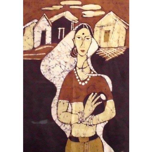 Vintage fabric batik-style wall hanging from India, with an artist's signature "Usha", originally purchased in India in...