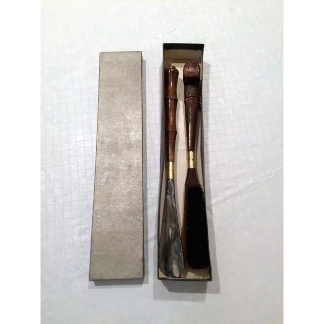 Mid-Century Entryway or Mudroom Wood and Brass Hanging Boot Brush and Shoe Horn Set - 2 Pieces For Sale - Image 12 of 13