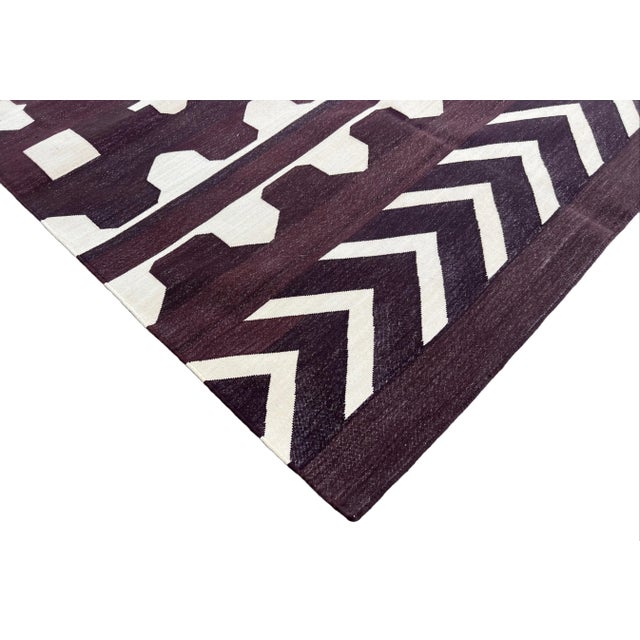 Handmade Cotton Area Rug, Natural Vegetable Dyed, Brown & Cream Geometric Dhurrie-9'x12' For Sale - Image 6 of 11