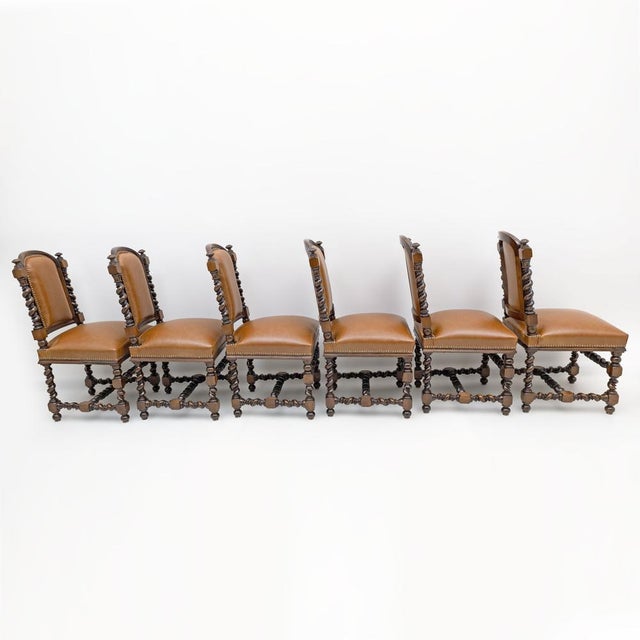 Antique Italian Neo-Renaissance Walnut and Leather Dining Chairs, 1890, Set of 6 For Sale - Image 9 of 14