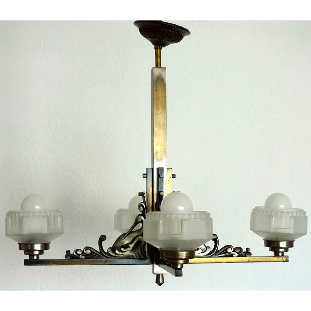 French Art Deco Brass and Satin Glass 4-Light Chandelier, 1920s For Sale - Image 15 of 15
