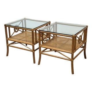 McGuire Furniture Rattan Target Design Side Tables, Pair For Sale