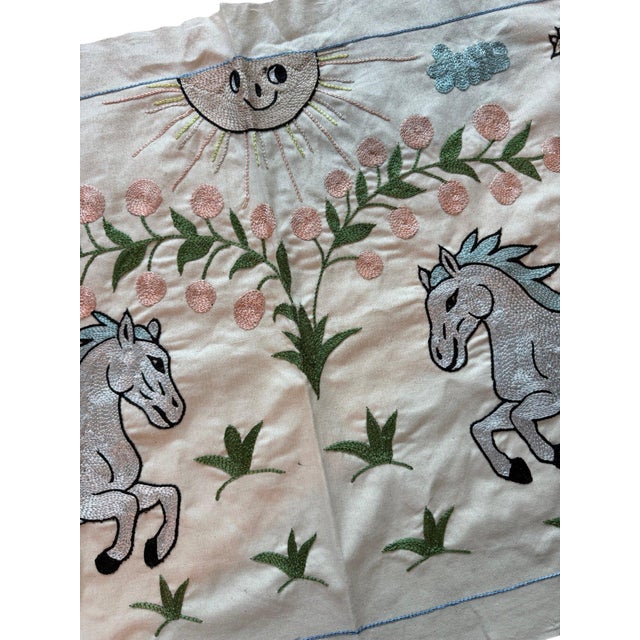 Mid-Century Modern Pastel Horse Suzani Wall Hanging, Sun Face For Sale - Image 3 of 6