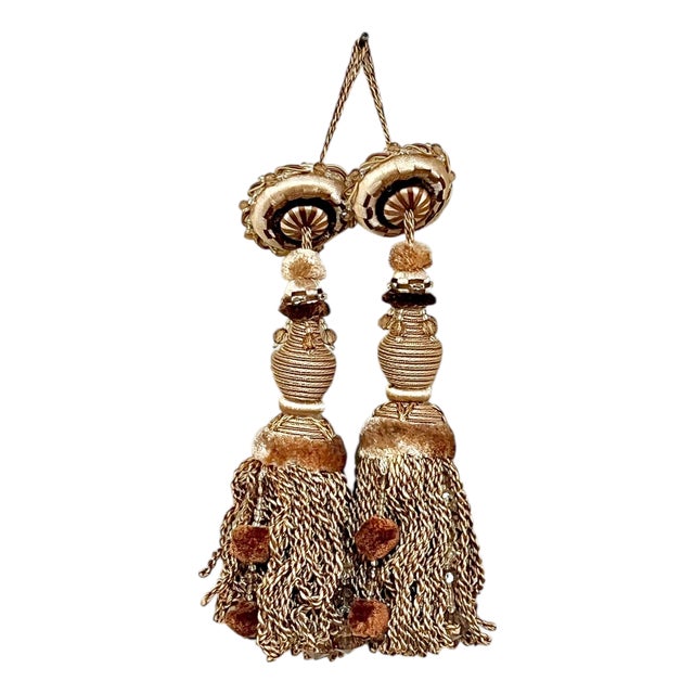 Late 20th Century Pair French Passementerie Key Tassels Light Bronze Beaded For Sale