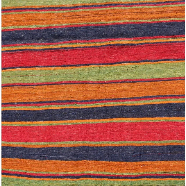 Mid 20th Century Vintage Kilim Runner With Horizontal Stripes in Bright Colors, Orange, Green, Blue, Red, Gold For Sale - Image 5 of 8