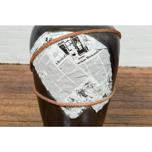 Ceramic Large Thai Exterior Flower Vase with Black Patina, Rope and Newspaper Motifs For Sale - Image 7 of 12