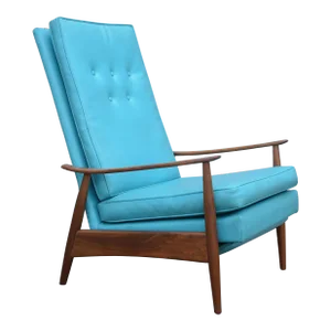 Mid Century Milo Baughman Recliner Lounge Chair With Blue Vinyl