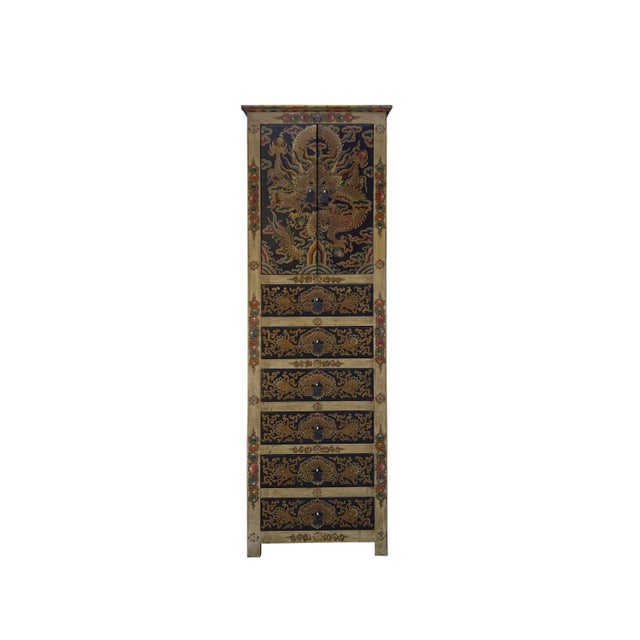Chinese Light Olive Golden Dragons Tall Slim Multi Drawers Cabinet ...