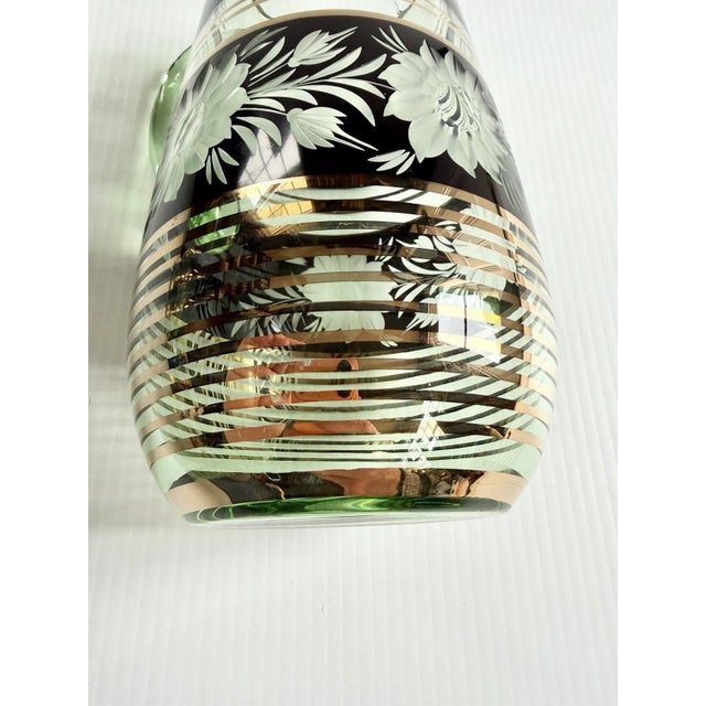 Green Vintage Mid-Century Modern Bohemian Green Glass Pitcher Cut Flowers, Gold & Black Bands For Sale - Image 8 of 17