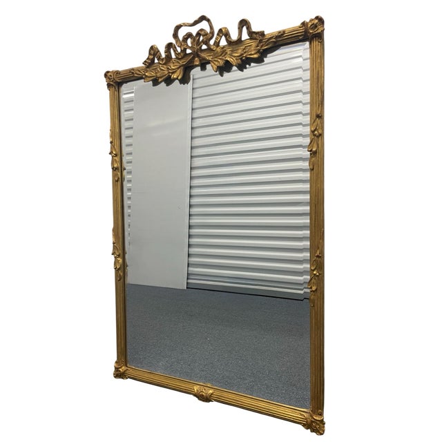 Late 20th Century Vintage Carvers’ Guild Old Gold Leaf Beveled Wall Mirror With Ribbon Crest, 40.75” For Sale - Image 5 of 12