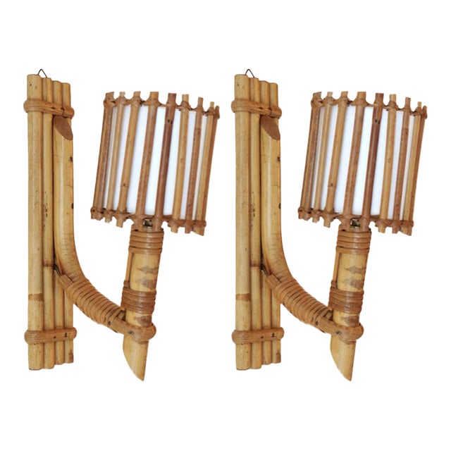 Pair of Rattan Wall Sconces, Louis Sognot 1950s For Sale