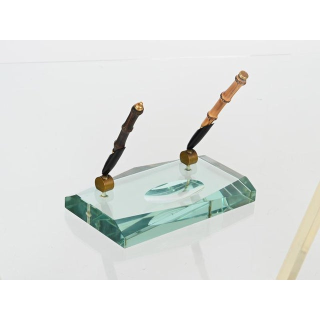 Beveled Nile Green Crystal and Brass Pen Holder attributed to Fontana Arte, Italy, 1950s For Sale - Image 9 of 16