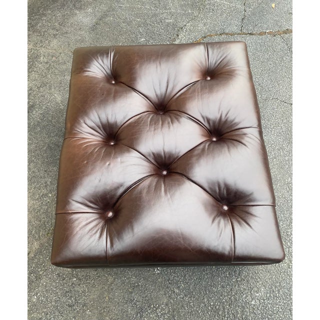 Ralph Lauren Writer’s Ottoman in beautiful dark brown espresso leather with silver nailhead details and mahogany legs.