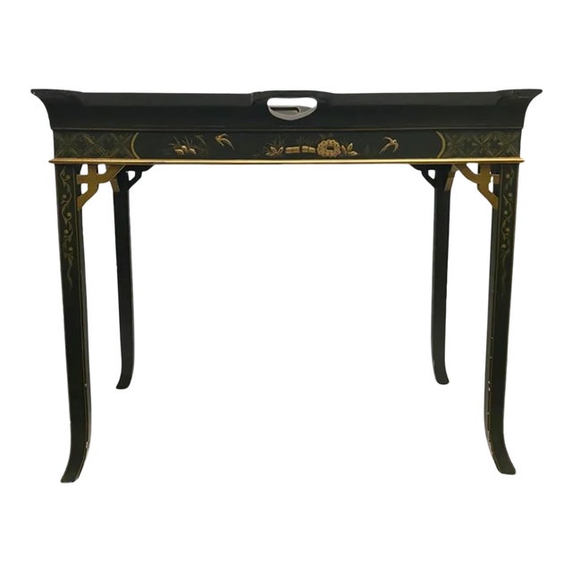 Vintage Maitland Smith Green Tray Cocktail Table Hand Painted With Gold Etching. For Sale
