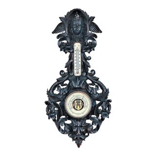 19th Century German Black Forest Style Ebonized Walnut Thermometer-Barometer For Sale