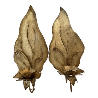 Vintage Late 20th Century Gilt Iron Sheet Candle Sconces With Leaf Design - A Pair For Sale