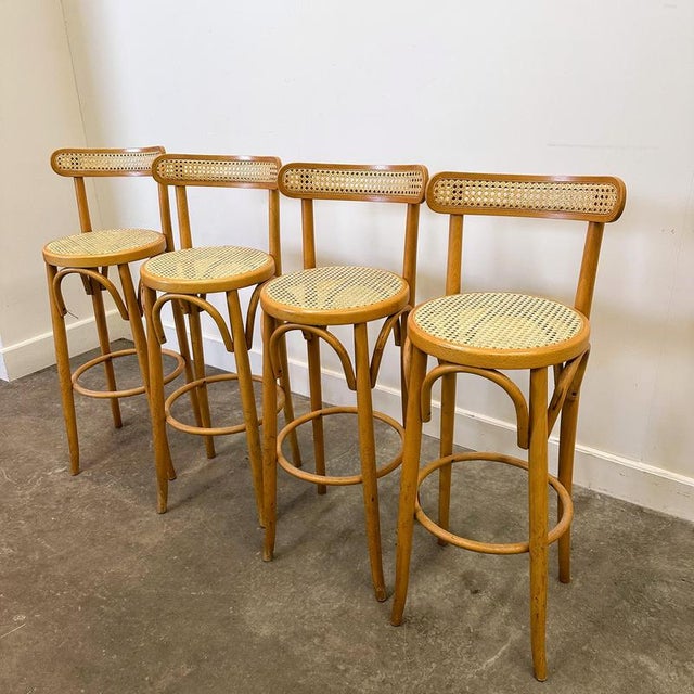 Vintage Italian Bentwood and Cane Bar Stools, 1970s, Set of 4 For Sale - Image 4 of 12
