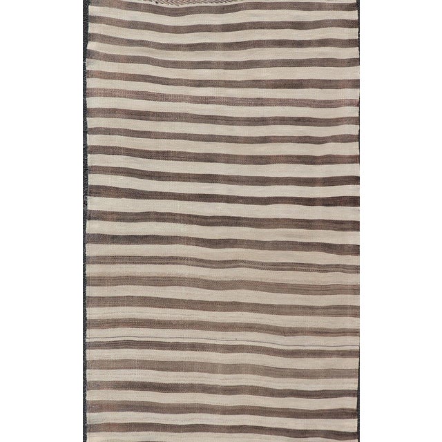 Measures: 3'2 x 9'9 Vintage Turkish Kilim Runner Brown Stripe Ivory Neutral Wool Flatweave. Keivan Woven Arts /...